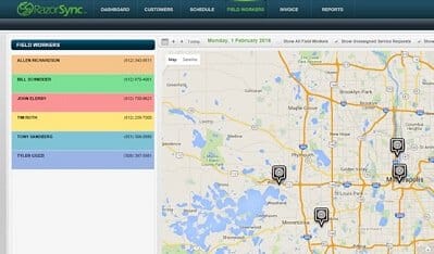 field service management software on computer screen displays map with work orders and color-coded jobs