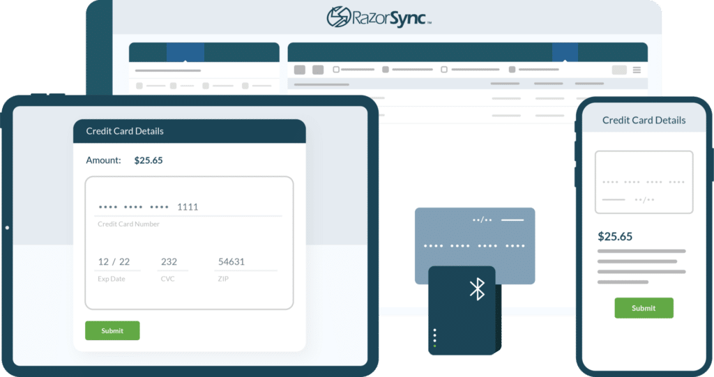 razorsync app screen overview and credit card payment details displayed on computer, tablet, and phone
