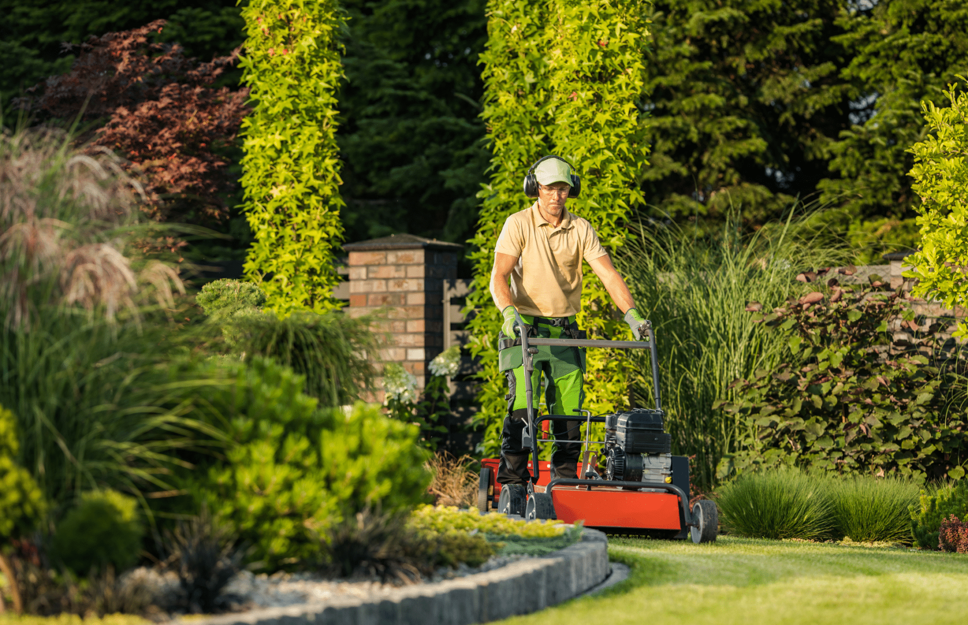 Landscaper mowing the garden