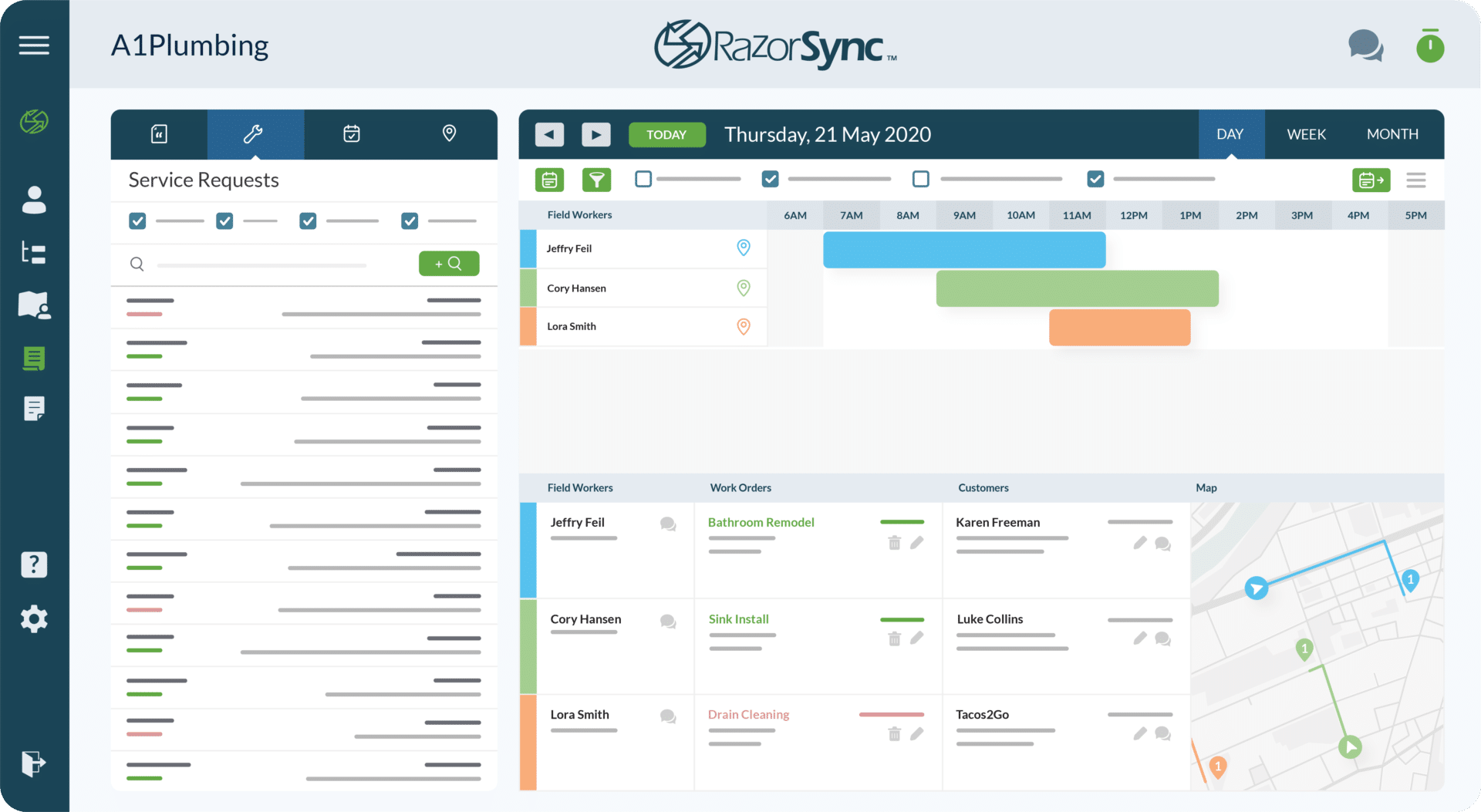 razorsync app screen with service requests, calendar, and employee tracking